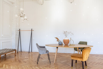expensive modern light luxury interior design of a spacious living room with wooden elements and white walls. filled with original and unusual decorative things
