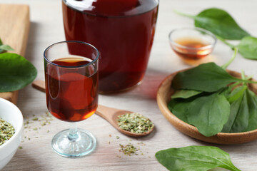 Broadleaf plantain tincture on white wooden table