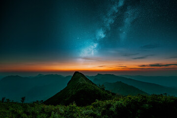 Obraz premium Beautiful Night Landscape of mountain with Milkyway Galaxy in Chiang Rai, Thailand