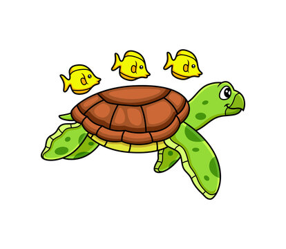 sea turtle swim with fish cartoon