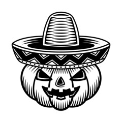 Halloween pumpkin in sombrero hat vector graphic object or design element in vintage monochrome style isolated on white background