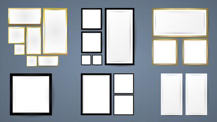 Gold and white picture frame layout set , realistic vertical picture frame, picture black background. illustration Vector EPS 10