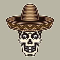 Skull in mexican sombrero hat vector illustration in colorful cartoon style isolated on light background