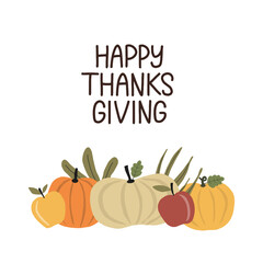 Trendy minimalistic happy thanksgiving greeting card decorated by harvest pumpkins and apples illustration. Happy thanksgiving concept for social media post