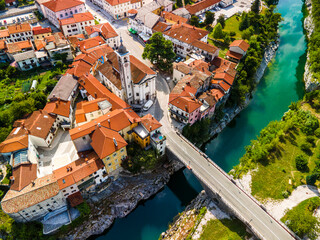 Kanal Ob Soci Town at River Soca in Slovenia. Aerial Drone View