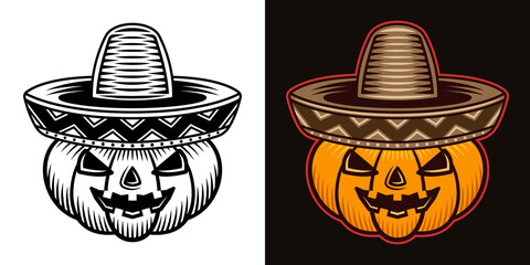 Halloween pumpkin in sombrero hat in two styles black on white and colorful on dark background vector illustration