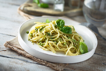 Spaghetti with homemade pesto sauce
