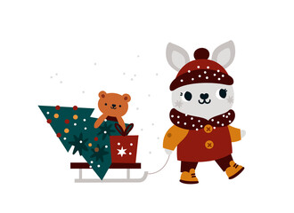 Festive illustration for kids with cute bunny, Christmas tree and gifts. Cartoon rabbit with sledge and surprise for Christmas party celebration. Holiday print for nursery, child poster, card, cloth