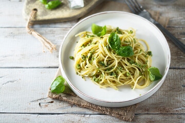 Spaghetti with homemade pesto sauce