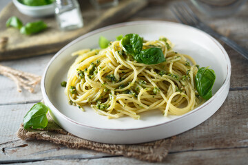 Spaghetti with homemade pesto sauce