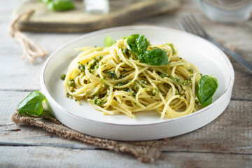 Spaghetti with homemade pesto sauce