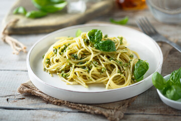 Spaghetti with homemade pesto sauce