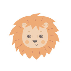 The face of a cute lion cub with open eyes. The head of a funny animal. Vector illustration for the design of childrens clothing, nursery and posters