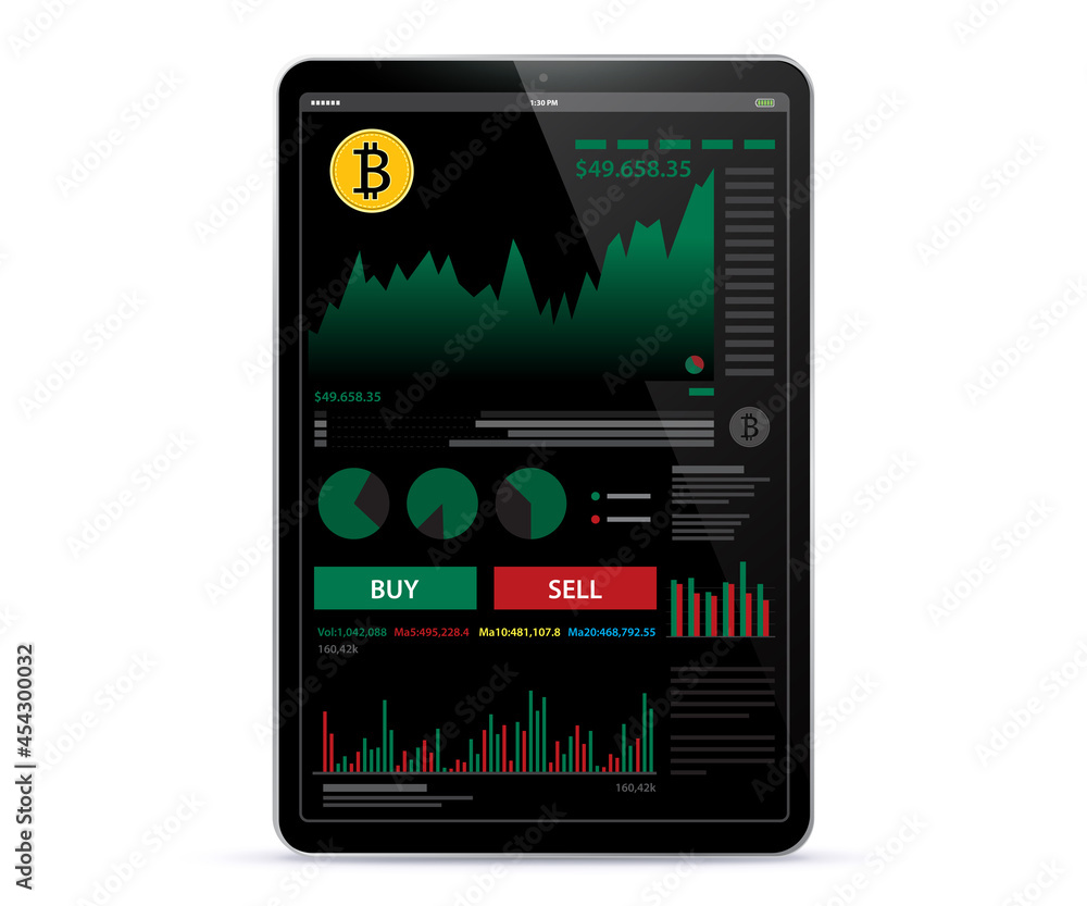Poster black tablet computer with crypto currency online trading and bitcoin finance app screen. ui design 