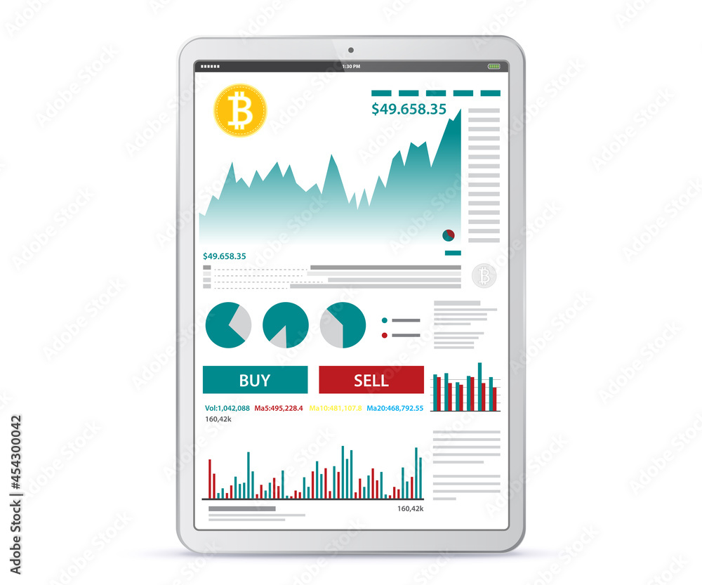 Poster white tablet computer with crypto currency online trading and bitcoin finance app screen. ui design 