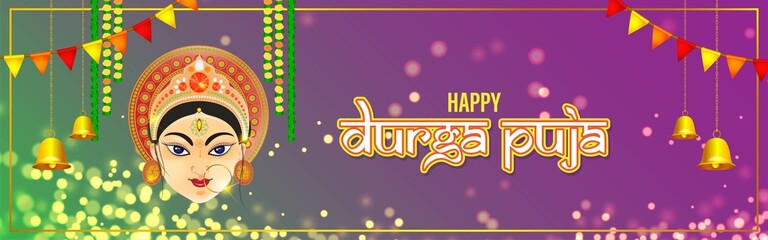 illustration of Goddess Durga Face in Happy Durga Puja Subh Navratri abstract background with text Durga puja means Durga Puja