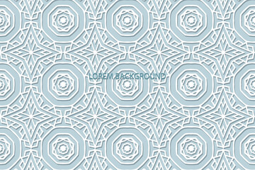 Geometric volumetric convex ethnic white 3D pattern, cover design. Embossed blue background, original arabesque. Cut paper effect. Oriental, Indonesian, Asian motives, lace texture.