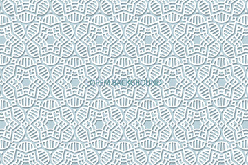 Geometric volumetric convex ethnic white 3D pattern, cover design. Embossed blue background, artistic arabesque. Cut paper effect. Oriental, Indonesian, Asian motives, lace texture.