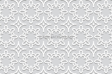 Geometric volumetric convex ethnic 3D pattern, cover design. Embossed white background, artistic arabesque. Cut paper effect. Oriental, Indonesian, Asian motives, lace texture.