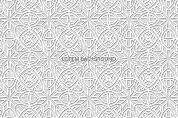 Geometric volumetric convex ethnic 3D pattern, cover design. Embossed white background, stylish arabesque. Cut paper effect. Oriental, Indonesian, Asian motives, lace texture.