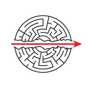 A Straight Red Arrow Goes Through The Maze. Go Ahead. Strength, Perseverance, The Mildest Path. Vector Illustration