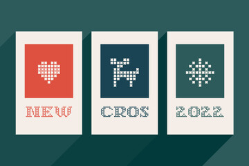 New cros 2022 lettering is made of thick round knits. Flat style sign with a set of bonus icons.