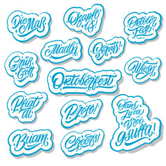 Sticker vector for Oktoberfest. Translation from German; Good day, Meadows, Bottom up!, The measure, May the Lord protect you, boy and girl, one, two, three, we drink! Oktoberfest.