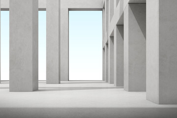 3d render of empty concrete room with large structure on white background.