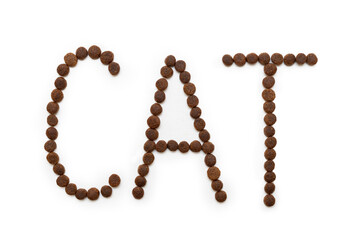 Dry cat food in the form of letters CAT, isolated on white background. Healthy food concept for pets.