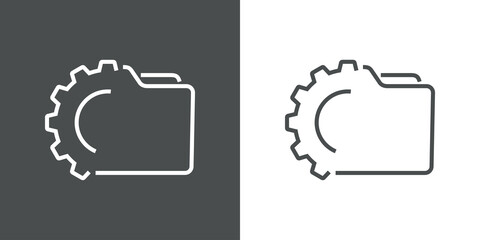 Icono silueta de carpeta con engranaje con lineas en fondo gris y fondo blanco