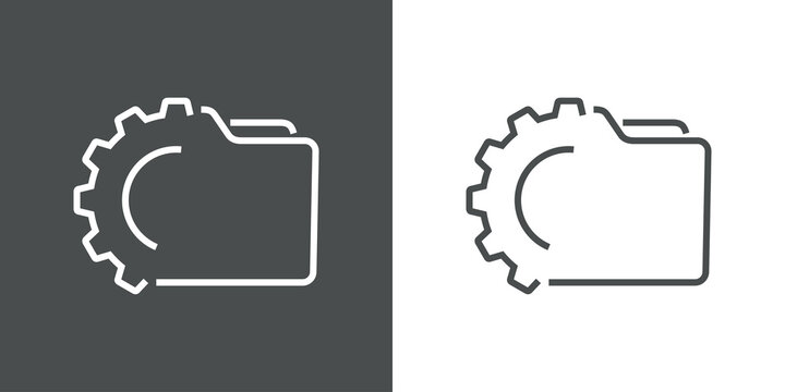 Icono silueta de carpeta con engranaje con lineas en fondo gris y fondo blanco