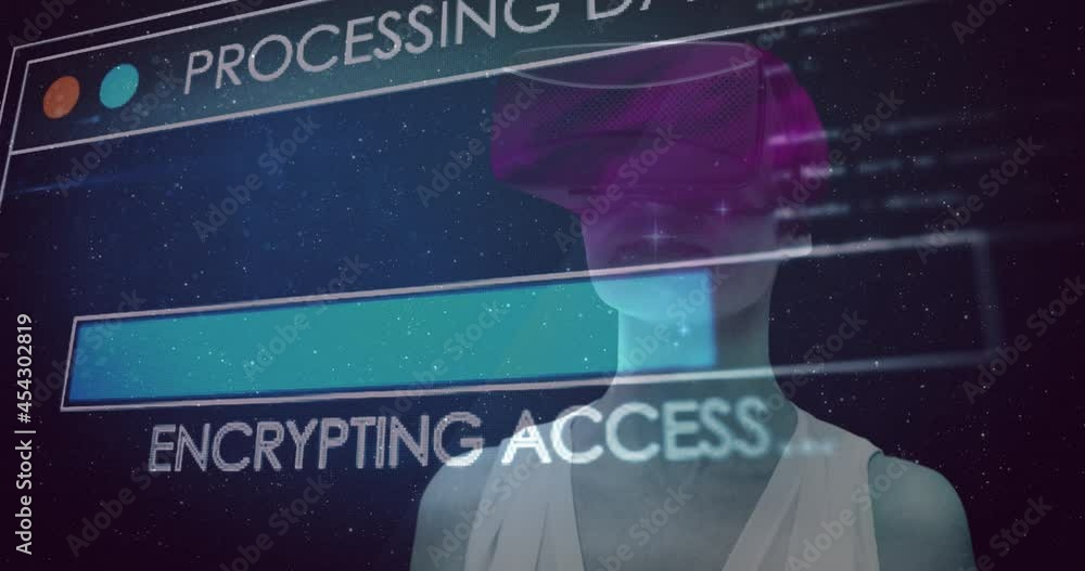 Poster animation of data processing over woman using vr headset
