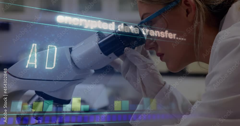 Poster animation of data processing over female scientist using microscope
