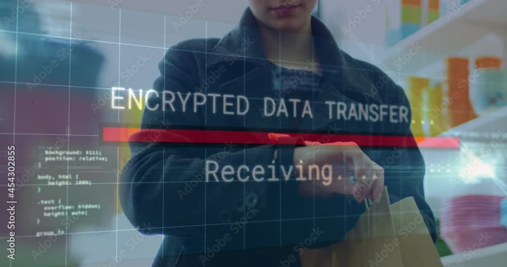 Poster animation of data processing over woman using smartwatch