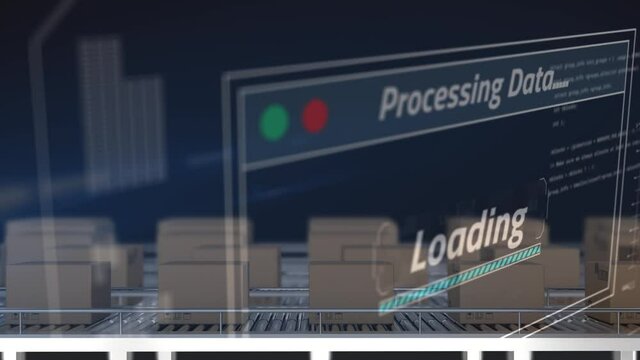Animation of data processing over cardboard boxes on conveyor belts