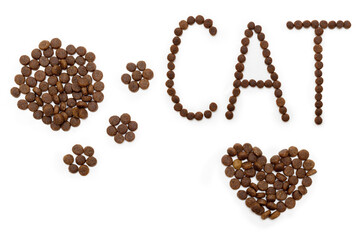Dry dog food in the shape of a heart, a cat's paw and letters CAT, isolated on a white background.