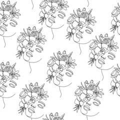 Woman and flowers seamless pattern. Vector illustration female portrait. One line drawing modern trend. Fashion and beauty