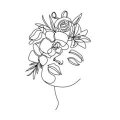 Woman and flowers. Vector template female portrait. One line drawing modern trend. Fashion, beauty, design, logo salon