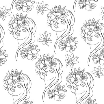 Woman and flowers seamless pattern. Vector illustration female portrait black and white. One line drawing modern trend. Fashion and beauty
