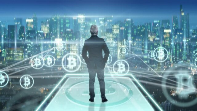 business man on top of virtual platform overlooking urban city background,bitcoin abstract animation graphics,businessman standing over cityscape financial district crypto currency concept