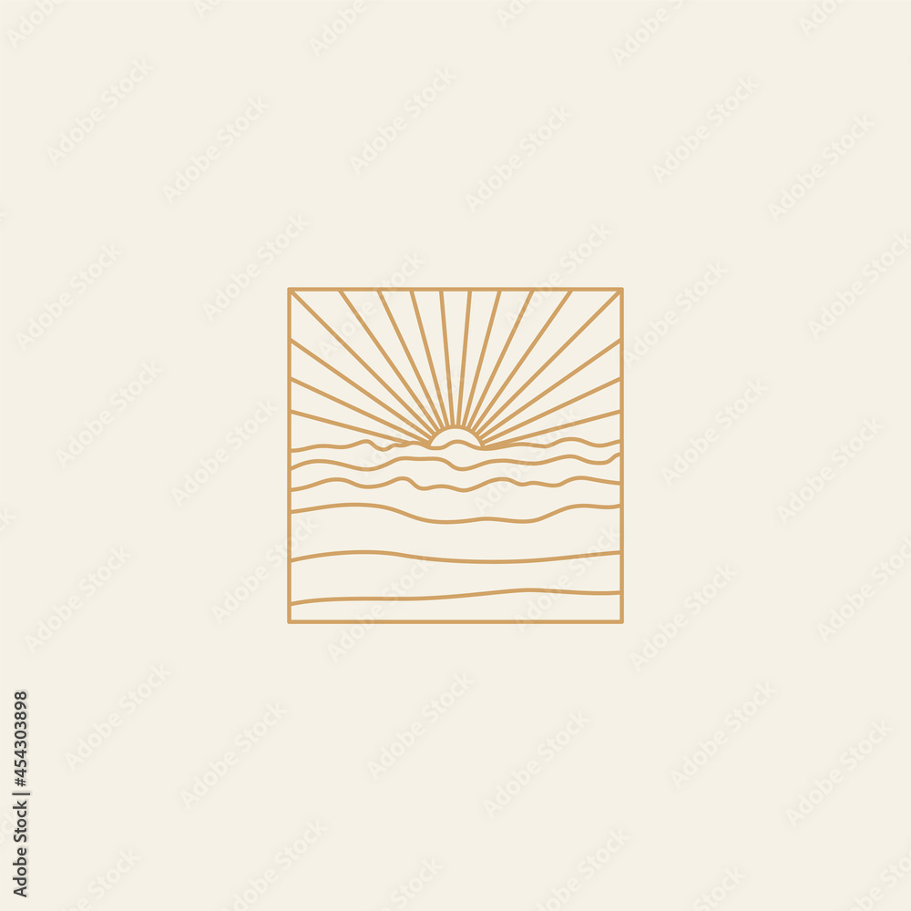 Poster  Vector simple illustration in simple linear style - minimalist boho logo design templates - landscape with mountain, hill, and sun

