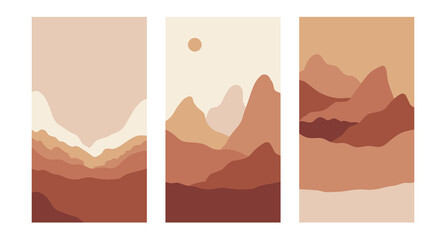 Vector vertical illustrations in simple line style - boho abstract print - simple natural landscape with mountains and hills