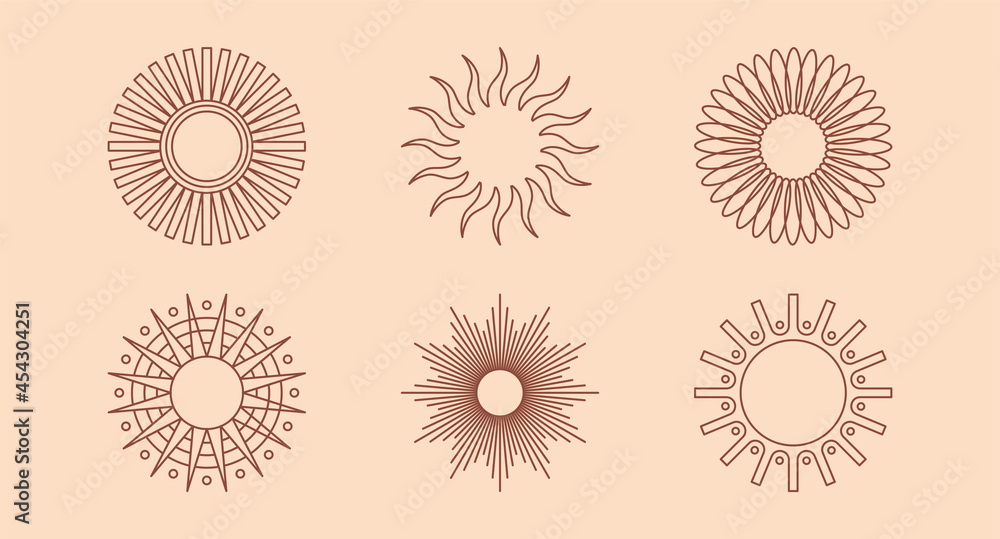 Poster vector set of design elements and shapes - boho sun symbols - logo design templates, frames, photo o