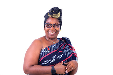 close-up of a beautiful African woman in happy traditional dress.