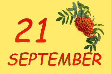 Rowan branch with red and orange berries and green leaves and date of 21 september on a yellow...