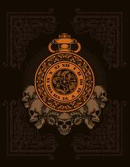 illustration vintage clock with skull head
