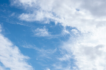 Beautiful cirrus and fluffy cumulus clouds in the blue sky. Perfect background of blue sky and...