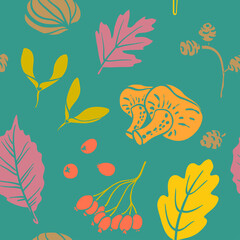 Seamless pattern with autumn leaves, seeds and fruits. Colorful paper cut fall woods collection isolated on blue background. Doodle hand drawn vector illustration.
