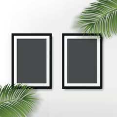 Black photo frame with palm leaves on white background. Vector