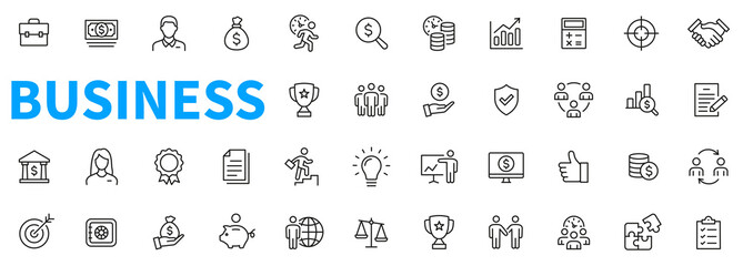 Business icons set. Contains such icons as businessman, idea, contract, secure, bank, tardet, money, saving and more. Outline icons collection. Line style - stock vector.